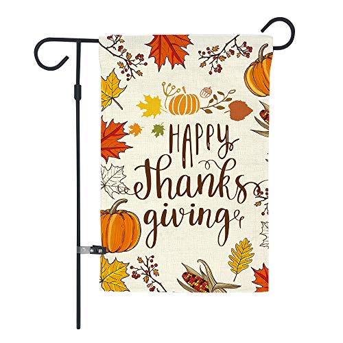 Product Cover GOAUS Happy Thanksgiving Garden Flag,Fall Maple Leaf Leaves Pumpkin Farm Harvest,Double Sided Burlap Decorative House Flags for Home Lawn Yard Indoor Outdoor Decor,12 x 18 Inch