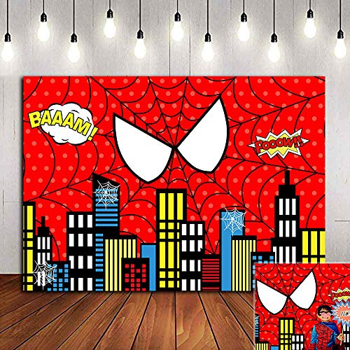 Product Cover Red Spider Web Photography Backdrop Baby Shower Photo Booth Studio Props Supplies Super Heros Cityscape Photo Background Vinyl 5x3ft Children Boys 1st Birthday Party Banner Decorations Dessert Table