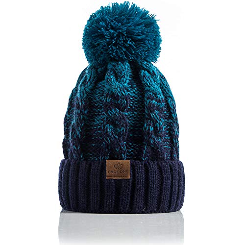 Product Cover PAGE ONE Women Winter Knit Hat Warm Fleece Lined Pom Pom Beanie Hat/Blue