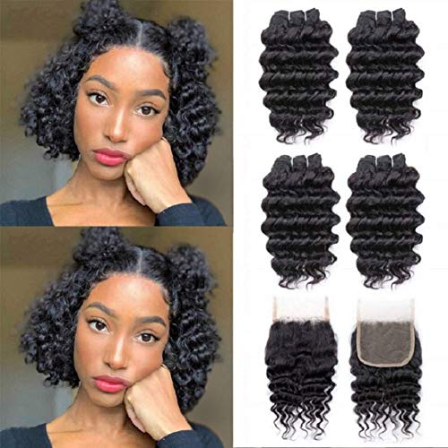 Product Cover Brazilian Deep Wave 4 Bundles with Closure,Upgrade 8A+ 100% Unprocessed Virgin Human Hair,Wave Short Bob Curly Bundles with Lace Closure Natural Color Bundles-with-Closure(10 10 10 10 with 8）