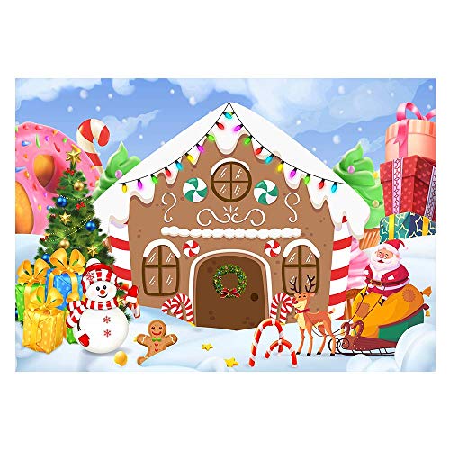 Product Cover Funnytree 7x5ft Christmas Gingerbread House Backdrop for Party Winter Merry Xmas Candy Gifts Photography Background Santa Baby Shower Birthday Portrait Cake Table Decoration Banner Photo Booth