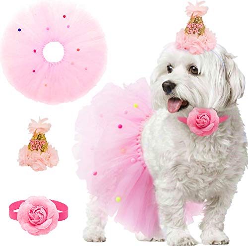 Product Cover SCENEREAL Dog Birthday Bandana Girl - Birthday Party Supplies -Tutu Skirt Hat & Collar Set for Pet Puppy Cat Girl,Pink Outfit for Birthday Party