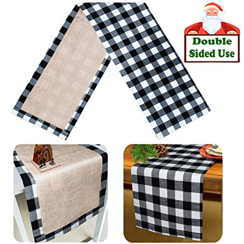 Product Cover Senneny Christmas Table Runner Burlap & Cotton Black White Plaid Reversible Buffalo Check Table Runner for Christmas Holiday Birthday Party Table Home Decoration (Black and White, 14 x 108 Inch)