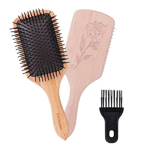 Product Cover Greuame Natural Wooden Hair Brush with Flexible Bristles, Bamboo Paddle Detangler Brush Perfect for Thick, Curly, Thin, Wet Hair, Hairbrush for Women, Kid and Men (Brush Cleaner Tool Included）