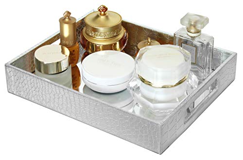 Product Cover StyleTrends Silver Leather Tray Decorative Mirror Tray Vanity Perfume Tray Dresser Tray Makeup Tray (Silver)