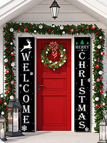 Product Cover 2 Pieces Welcome Christmas Banners Christmas Hanging Porch Sign Black Color Merry Christmas Outdoor Sign for Home Wall Indoor Outdoor Party