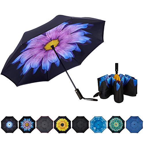Product Cover NOORNY Inverted Umbrella Double Layer Automatic Folding Reserve Umbrella Windproof UV Protection for Rain Car Travel Outdoor Men Women Purple Flower