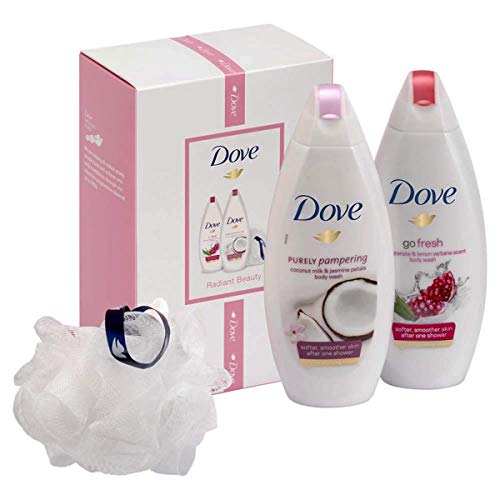 Product Cover Dove Womens Beauty 4 Piece Holiday Set, Includes Pomegranate Body Wash, Coconut and Jasmine Body Wash and Shower Poof in a Giftable Box