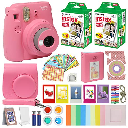 Product Cover Fujifilm Instax Mini 9 Instant Kids Camera Flamingo Pink with Custom Case + Fuji Instax Film Value Pack (40 Sheets) Accessories Bundle, Color Filters, Photo Album, Assorted Frames, Selfie Lens + More
