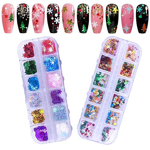 Product Cover EBANKU 24 Color Holographic Nail Sequins, Snowflake Tree Star Iridescent Mermaid Flake Nail Glitter Laser Sparkly Confetti Glitter Paillette DIY Decals Nail Decoration(2 box/24 Grids)