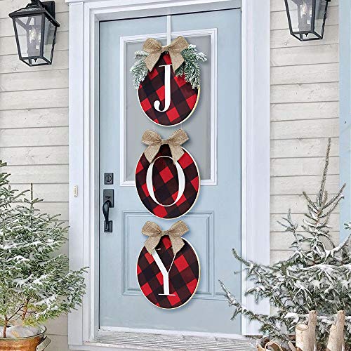 Product Cover ORIENTAL CHERRY Christmas Wreath - Joy Sign - Buffalo Check Plaid Wreath for Front Door - Rustic Burlap Wooden Holiday Decor for Home Window Wall Farmhouse Indoor Outdoor