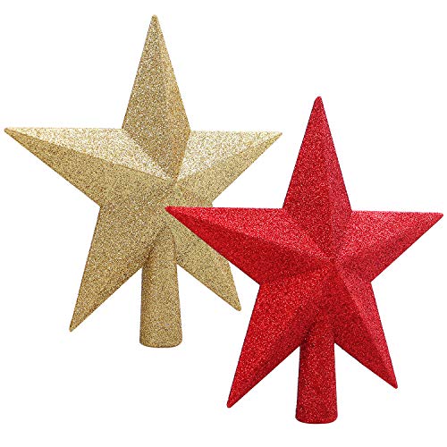 Product Cover Elcoho 2 Pack Glittered Star Christmas Tree Topper Shatter-Proof Sparkling Christmas Tree Treetop for Christmas Tree Decoration, 2 Colors (Gold, Red, 4 Inches)