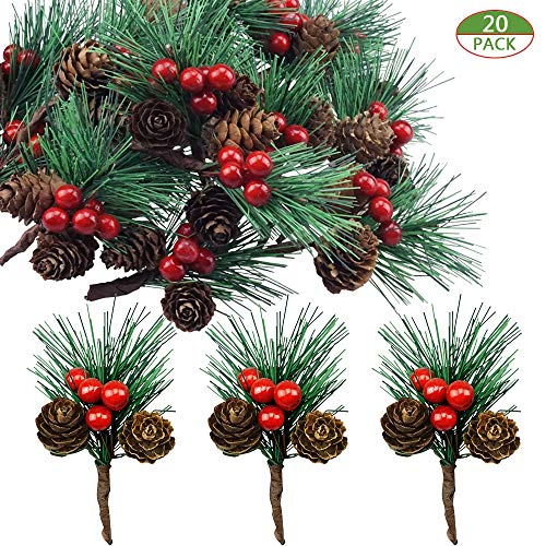 Product Cover Shxstore-1 Red Berry Pinecones Pine Needles Stems Picks Artificial Winter Christmas Berries Decor for Crafts Christmas Garland and Holiday Wreath Ornaments, 20 Branch