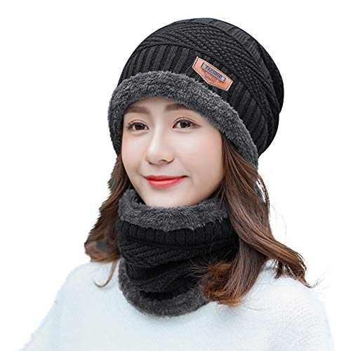 Product Cover VTOSEN 2Pcs Winter Beanie Hat Scarf Set Warm Knit Hat Thick Knit Skull Cap for Men Women Boys Girls（Adult-Black）