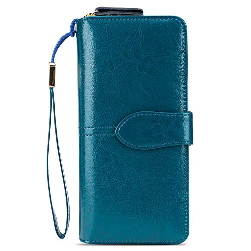 Product Cover HOLYBIRD RFID Blocking Genuine leather wallets for women Large Capacity wristlet wallet Card Holder with YKK Zipper Clutch (Lake Blue)