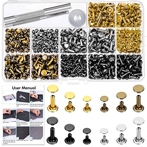 Product Cover Leather Rivets Kit, Shynek 360 Sets Double Cap Brass Rivets Leather Studs with Setting Tools for Leather Repair and Crafts, 4 Colors and 3 Sizes