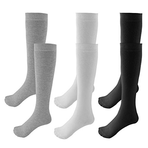 Product Cover Topbuti 3 Pack School Uniform Cotton Knee High Socks Black White Grey Knee High Socks for Girls and Boys