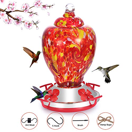 Product Cover Hapito Hummingbird Feeder for Outdoors - Hand Blown Glass, 26 Ounces Nectar Capacity, No Leaking/Rustless, Containing Ant Moat, Metal Hook, Hemp Rope and Brush