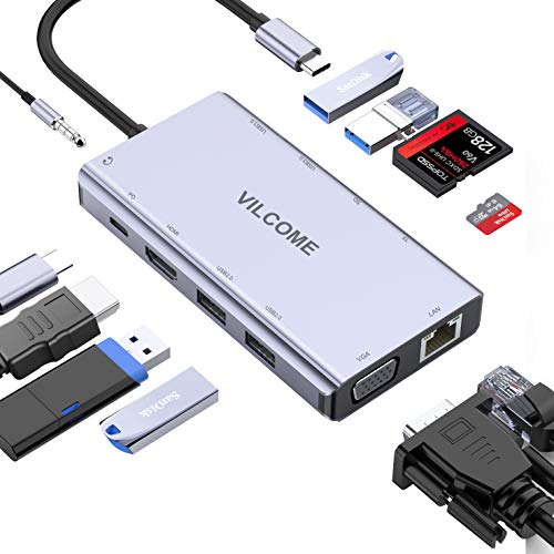 Product Cover USB C Hub Adapter,VILCOME 11-in-1 USB C Adapter,with 4K USB C to HDMI,VGA, SD/TF Card Reader,Ethernet,2 USB 3.0 Ports,2 USB 2.0 Ports,87W PD Charging Port,for MacBook Pro/Air, iPad Pro, XPS and More