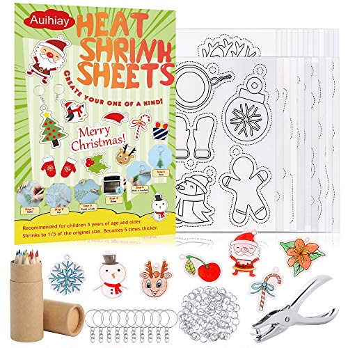 Product Cover Auihiay 146 PCS Heat Shrink Plastic Sheet Kit Include 20 Shrinky Art Paper with Christmas or Daily Pattern & 3 Blank Shrink Film Paper, Hole Punch, Keychains, Pencils for Kids Craft School Project