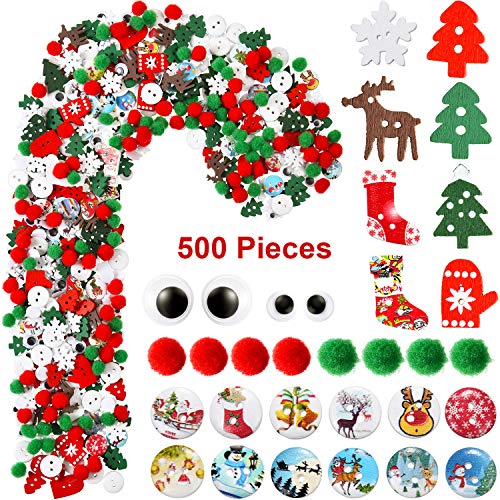 Product Cover 500 Pieces Christmas Embellishments Mix Christmas Wood Buttons Christmas Tree Pom Pom Ball Wiggle Eyes Ornaments Assorted Styles for Xmas DIY Craft Sewing Decoration Accessories