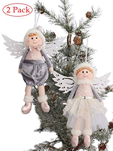 Product Cover Boy and Girl Angels with Wing Decorations (Set of 2), Christmas Tree Ornaments, Hanging Decorations Festival Seasonal Decor, Plush Christmas Pendants, Xmas Party Home Decor, Silver, 10 inch