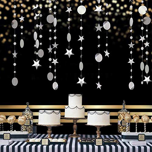 Product Cover TONIFUL Silver Circle Dot and Star Garland 52 Feet Party Glitter Hanging Decorations for Baby Shower Birthday Wedding Home Décor(4 PCS)