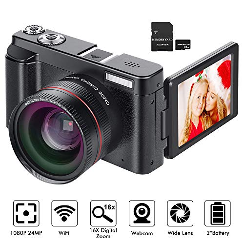 Product Cover Digital Camera YouTube Vlogging Camera HD 1080P 24MP Video Camcorder 16X Digital Zoom with Wide Angle Lens, WiFi, Pause Function, Face Detection, 3'' IPS Screen, 32GB SD Card, 2xBattery