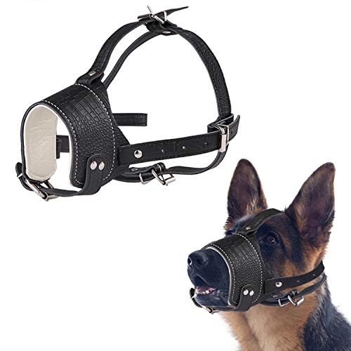 Product Cover AMOOTEK Dog Muzzle, Anti-Biting, Barking & Chewing Dog Muzzle Adjustable Dog Mouth Cover and Collar, Soft Leather Muzzles for Small Medium Large Dog