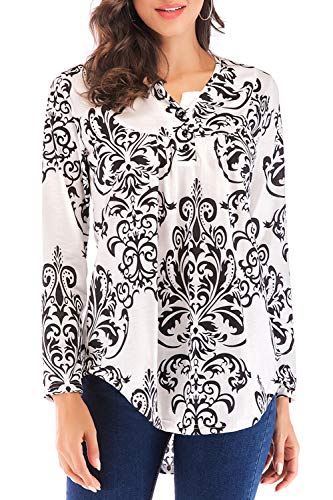 Product Cover YOUNG-X Womens Pleated Tops V Neck Printed Long Sleeve Henley T-Shirts Swing Workout Blouses Tunic (Black,XL)