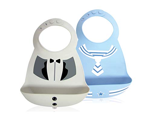 Product Cover Fecinux Silicone Baby Bibs (Set of 2) - Waterproof Adjustable Snaps Feeding Bibs for Infants with Food Catcher Pocket (Blue)