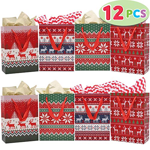 Product Cover 12 Pieces Christmas Gift Bags with Assorted Christmas Prints for Holiday Paper Gift Bags, Christmas Goody Bags, Xmas Gift Bags, Classrooms and Party Favors