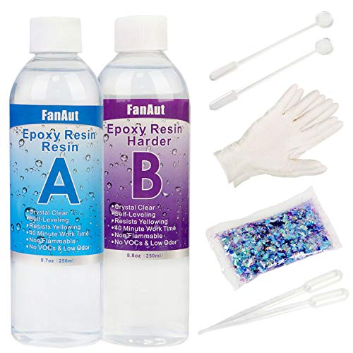 Product Cover FanAut Epoxy Resin Crystal Clear for Art, Crafts, Tumblers, Casting and Jewelry Making 18.5 Ounce with 2 Droppers, 2 Sticks ,1 Pair Rubber Gloves and 1 Pack of Resin Glitter