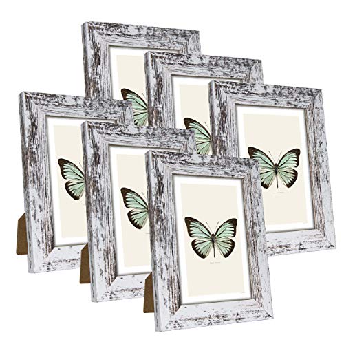 Product Cover Q.Hou 4x6 Picture Frame Wood Pattern Distressed White Photo Frames Packs 6 with High Definition Glass for Tabletop or Wall Decor (QH-PF4X6-RW)