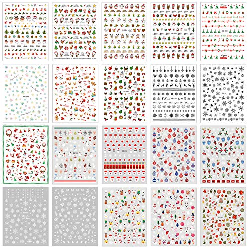Product Cover Whaline 20 Sheets Christmas Nail Art Stickers, 3D Self-Adhesive Stickers Santa Claus Reindeer X-mas Tree Bells Snowflakes Decals for Women Girls Kids Manicure DIY or Nail Salon (more than 1000Pcs)