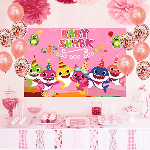 Product Cover 7x5ft Doo Doo Doo Fabric Heavy Duty Pink Baby Shark Photo Banner Props Pink Background Prop for Children Happy Birthday Party Photography Backdrops Decorations of Ocean (Pink)