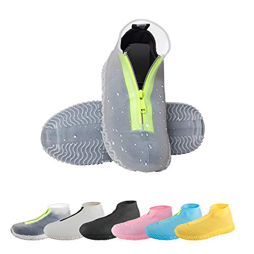 Product Cover CHUHUAYUAN Waterproof Silicone Shoe Covers, Reusable Foldable Not-Slip Rain Shoe Covers with Zipper,Shoe Protectors Overshoes Rain Galoshes for Kids,Men and Women(1 Pair) (Transparent, XL)