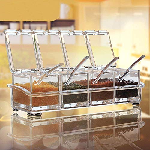Product Cover KWT Seasoning Storage Box Clear Spice Rack 4 Box with Spoons Container Jar for Spice Salt Sugar Cruet, Condiment See Through Storage Containers Cooking Tools (Transparent)