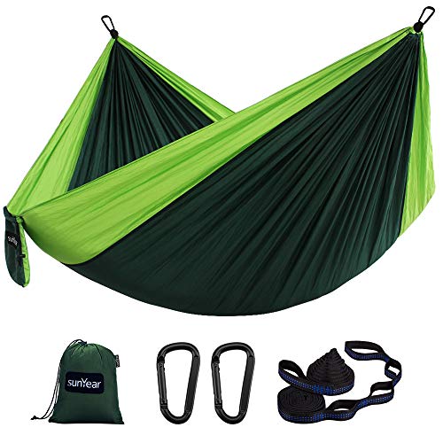 Product Cover Sunyear Hammock Camping Lightweight Portable Nylon Hammock with 2 Tree Straps (32 Loops,10 ft) & 2D-Shape Steel Carabiners-Easy to Assemble - Perfect for Camping Backpacking Hiking Travel Beach Yard
