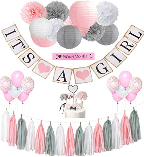 Product Cover Pink Baby Shower Decorations for Girl Set - with Its A Girl Banner, Paper Lanterns, Flower Pom Poms, Tassels (Pink, Gray, White), Mom to Be Sash, Balloons, Cake Toppers