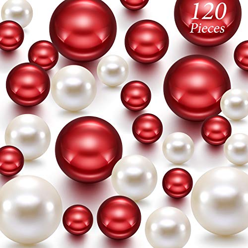 Product Cover 120 Pieces Pearl for Vase Filler Valentine Ornaments Pearls Bead for Vase Makeup Beads for Brushes Holder Assorted Round Faux Pearl for Home Wedding Decor, 14/ 20/ 30mm (Creamy White, Bright Red)