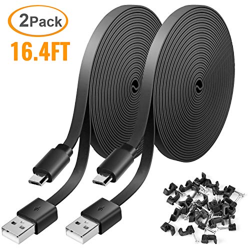Product Cover 2 Pack 16.4FT Power Extension Cable for WyzeCam,WyzeCam Pan,KasaCam Indoor,NestCam Indoor,Yi Camera, Blink,Amazon Cloud Cam, USB to Micro USB Durable Charging and Data Sync Cord (Black)