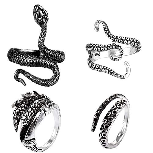 Product Cover 4 Pieces Vintage Punk Rings Octopus Dragon Adjustable Stainless Steel Ring (Triple-Tentacle Octopus, Single-Tentacle Octopus, Dragon Claw, Snake)