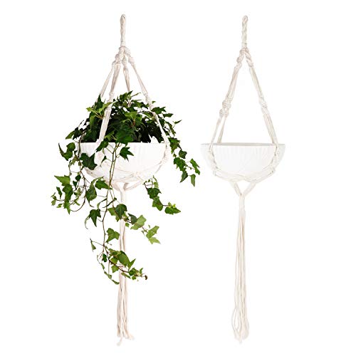 Product Cover Greenaholics Hanging Plant Pots - 9.7 + 8.7 Inch Tribal Grain Ceramic Planters with Slings for Ivy Air Planting, White, Set of 2