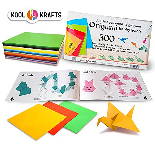 Product Cover Kool Krafts Origami Paper Kit 300 Sheets, with 25 Easy Origami Projects Colored Book - Premium Quality for Arts and Crafts, 6 x 6 inch Square Sheets, 20 Vibrant Colors, Same Color on Both Sides.