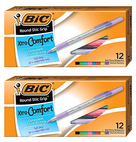 Product Cover BIC Round Stic Grip Xtra-Comfort Ballpoint Pens, 1.2mm, Medium Point, Fashion Assorted Colors, 24-Count (24)