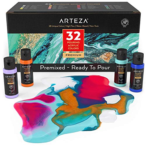 Product Cover Arteza Acrylic Pouring Paint, 2oz Bottles, Set of 32 Assorted Colors, High Flow Acrylic Paint, No Mixing Needed, Paint for Pouring on Canvas, Glass, Paper, Wood, Tile, and Stones