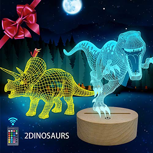Product Cover Huaker 3D Dinosaur Night Light for Kids, 3D Illusion Lamp 2 Different Acrylic Dinosaur and 7 Color Change Decor Lamp with Remote Control for Living Bed Room for Boys and Girls Birthday Gifts(Wood)