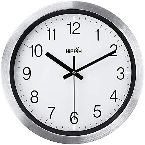 Product Cover HIPPIH Wall Clocks Battery Operated Non Ticking, 12 in Modern Silver Decorative Silent Metal Wall Clock, Contemporary Wall Decor for Kitchen, Living Room, Bathroom, Bedroom, Office, Classroom
