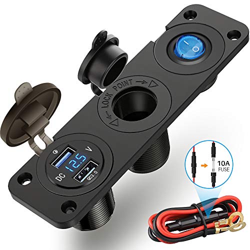 Product Cover Car Dual USB Charger Socket - BEYYON 3 in 1 Waterproof QC 3.0 Dual USB Power Outlet with LED Digital Voltmeter + 12V Cigarette Lighter Socket + Toggle Switch for Marine Boat Motorcycle Truck